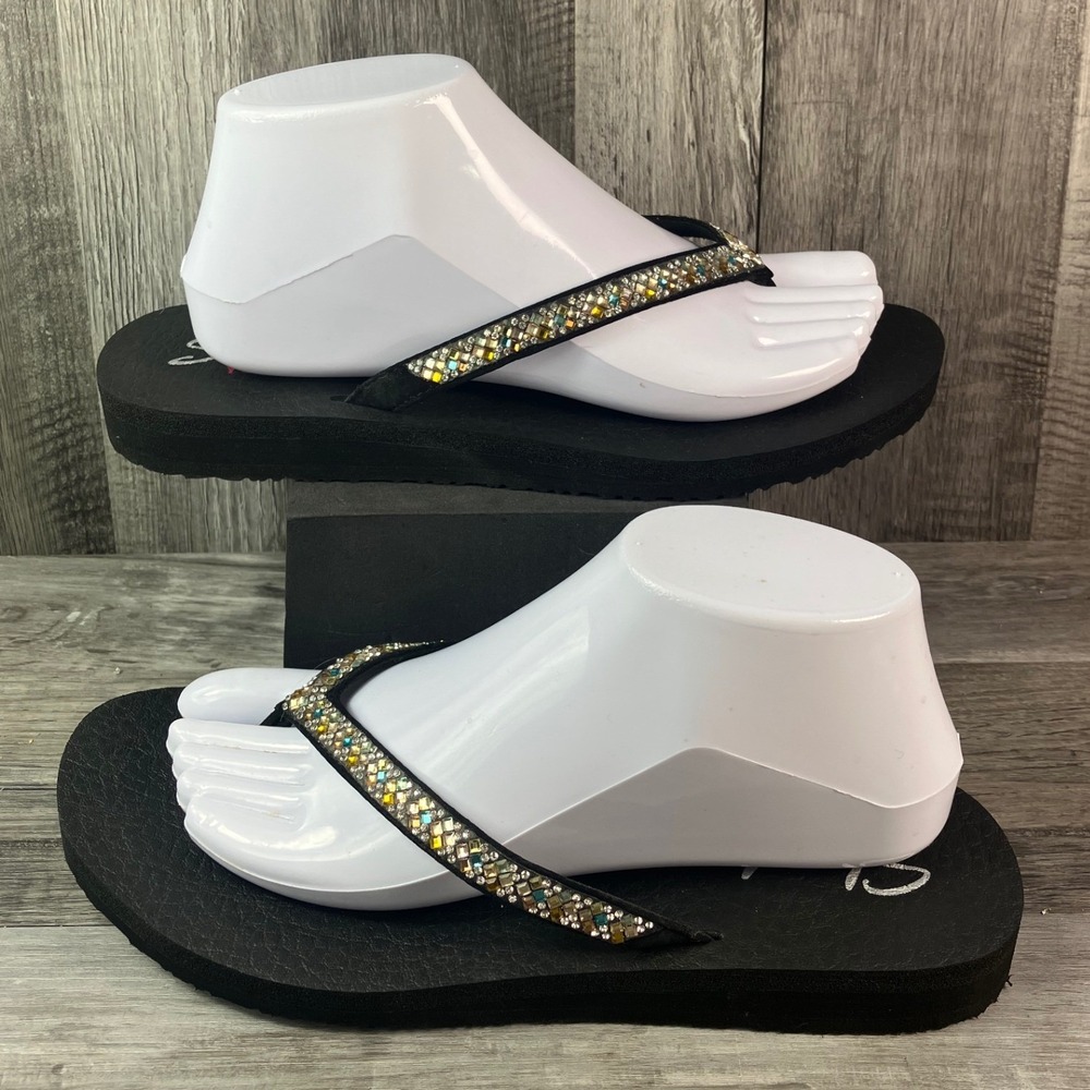 Skechers Yoga Foam Black Rhinestone Flip Flop Sandals Womens 9